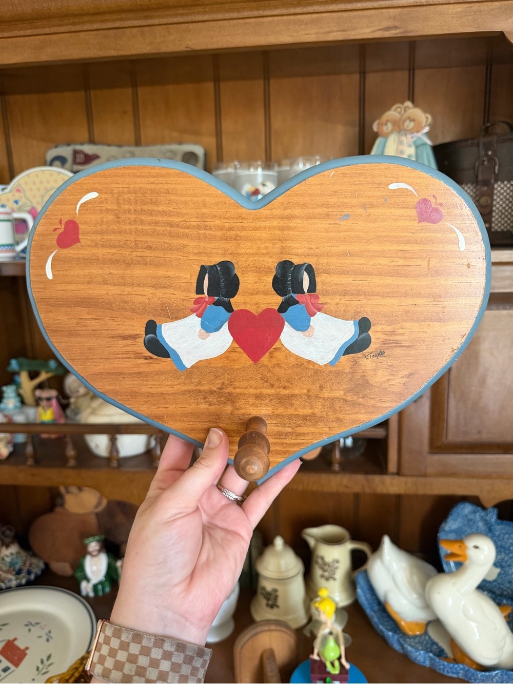 Hand Painted Wooden Wall Art Heart Shaped w/ Peg Hook